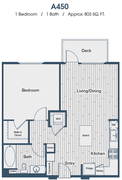 Floor plan for 1 bed, 1 bath, 803 sqft